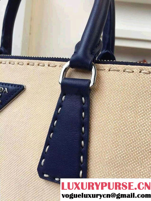 Prada Hemp fabric Tote Bag with Leather Corner Trim and Top-Stitching B1801K Blue/Beige 2015