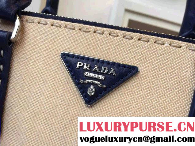 Prada Hemp fabric Tote Bag with Leather Corner Trim and Top-Stitching B1801K Blue/Beige 2015