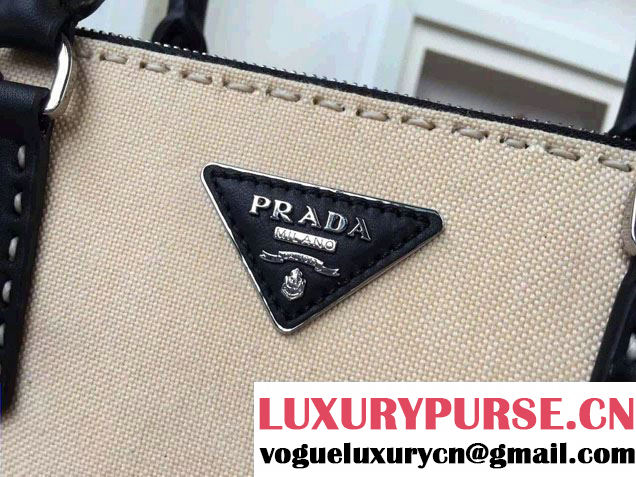 Prada Hemp fabric Tote Bag with Leather Corner Trim and Top-Stitching B1801K Black/Beige 2015