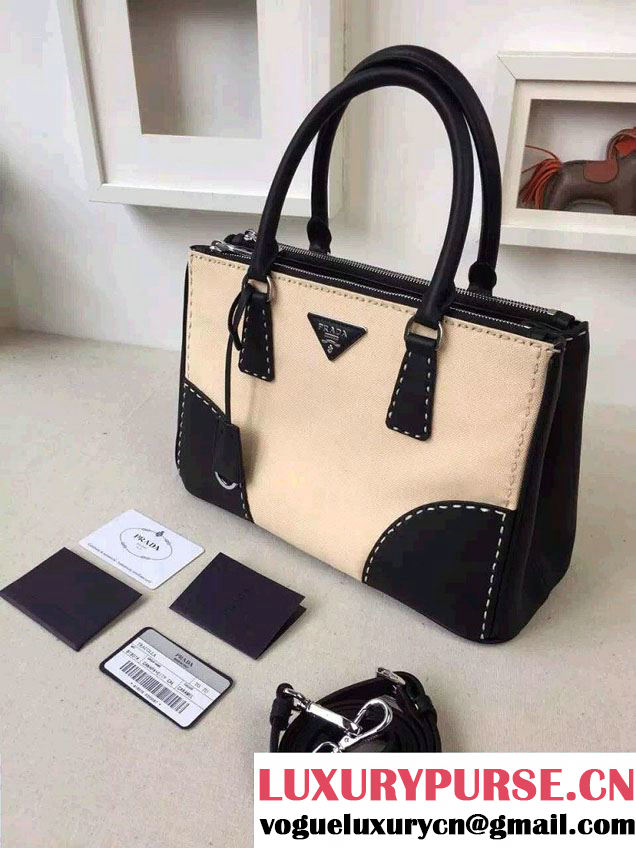 Prada Hemp fabric Tote Bag with Leather Corner Trim and Top-Stitching B1801K Black/Beige 2015