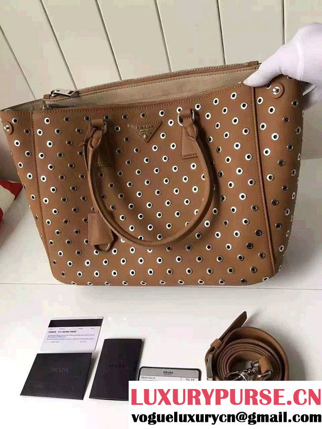 Prada Galleria Soft City Tote Bag with Grommet Detail 1BA274 Brown 2016