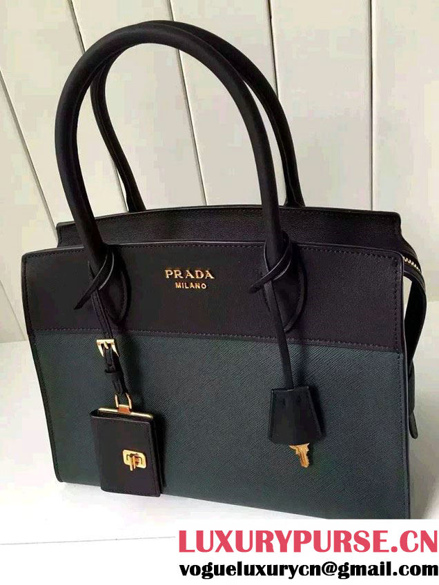 Prada Esplanade Saffiano and Calf Leather Tote Large Bag 1BA047 Green/Black 2016