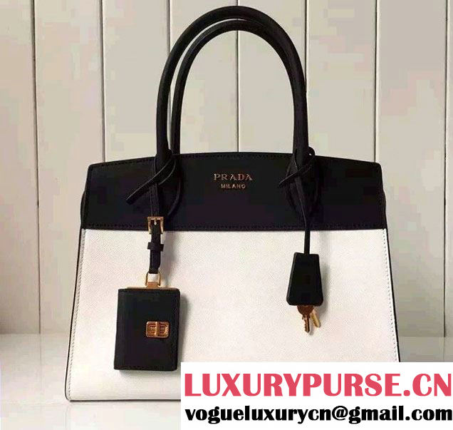 Prada Esplanade Saffiano and Calf Leather Tote Large Bag 1BA047 White/Black 2016