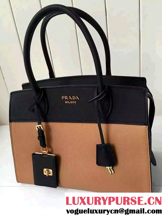 Prada Esplanade Saffiano and Calf Leather Tote Large Bag 1BA047 Khaki/Black 2016