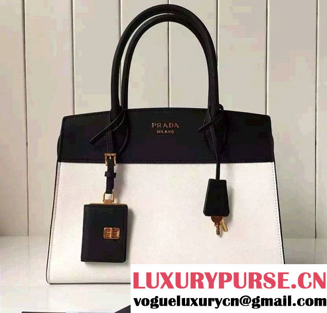 Prada Esplanade Saffiano and Calf Leather Tote Medium Bag 1BA046 White/Black 2016