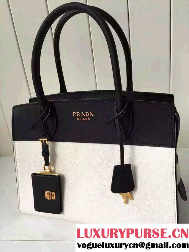 Prada Esplanade Saffiano and Calf Leather Tote Medium Bag 1BA046 White/Black 2016