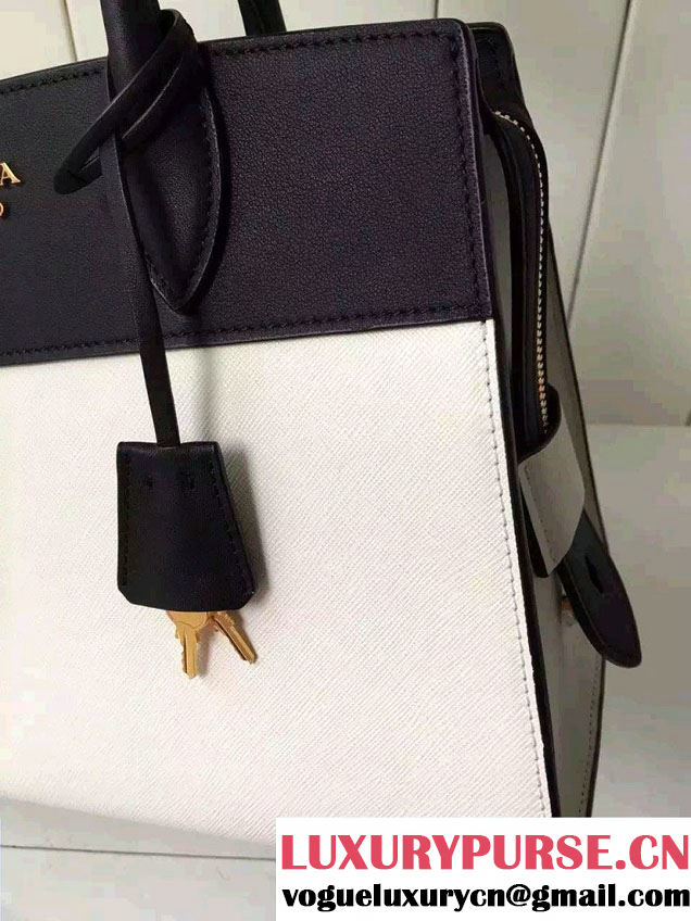 Prada Esplanade Saffiano and Calf Leather Tote Medium Bag 1BA046 White/Black 2016