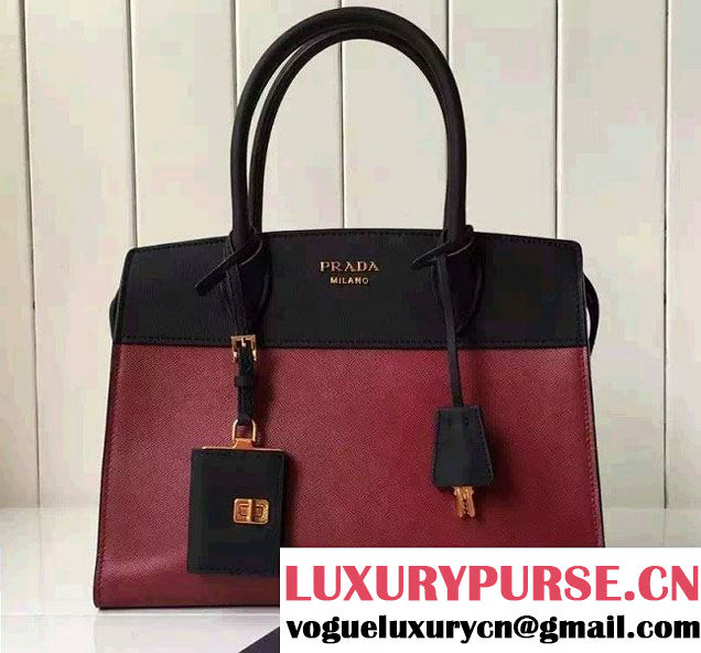 Prada Esplanade Saffiano and Calf Leather Tote Medium Bag 1BA046 Red/Black 2016