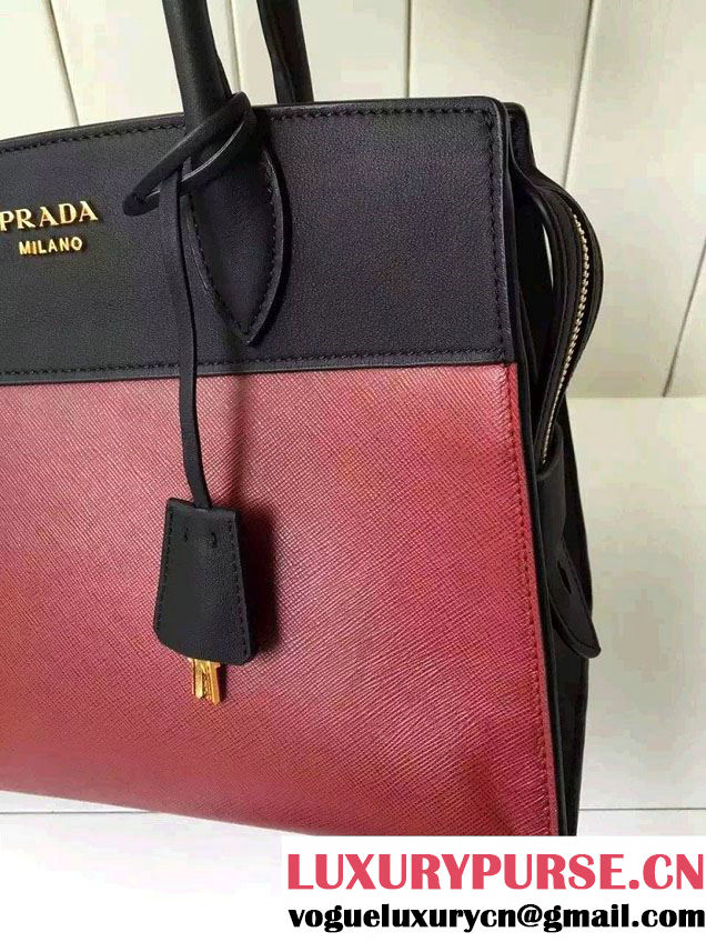 Prada Esplanade Saffiano and Calf Leather Tote Medium Bag 1BA046 Red/Black 2016