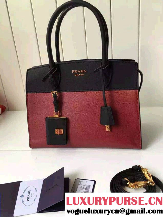 Prada Esplanade Saffiano and Calf Leather Tote Medium Bag 1BA046 Red/Black 2016