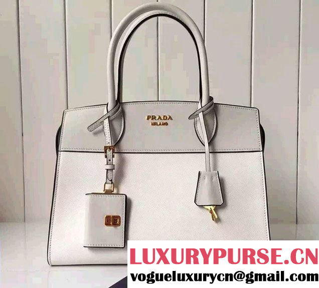 Prada Esplanade Saffiano and Calf Leather Tote Medium Bag 1BA046 White 2016