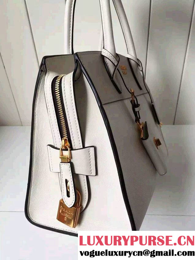 Prada Esplanade Saffiano and Calf Leather Tote Medium Bag 1BA046 White 2016