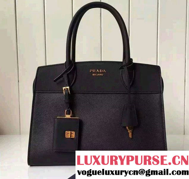 Prada Esplanade Saffiano and Calf Leather Tote Medium Bag 1BA046 Black 2016