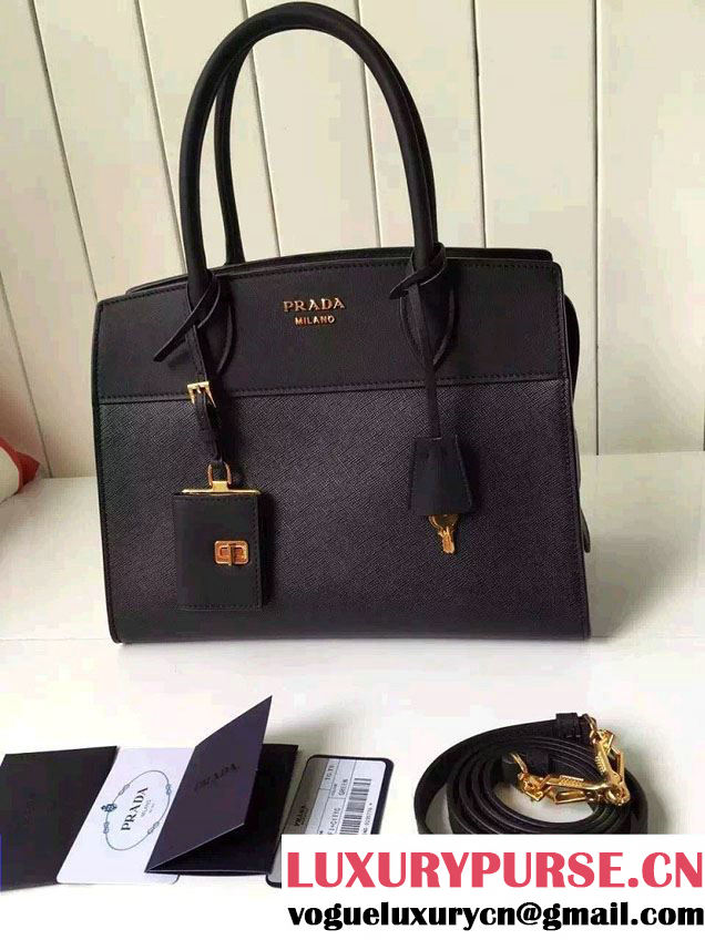 Prada Esplanade Saffiano and Calf Leather Tote Medium Bag 1BA046 Black 2016