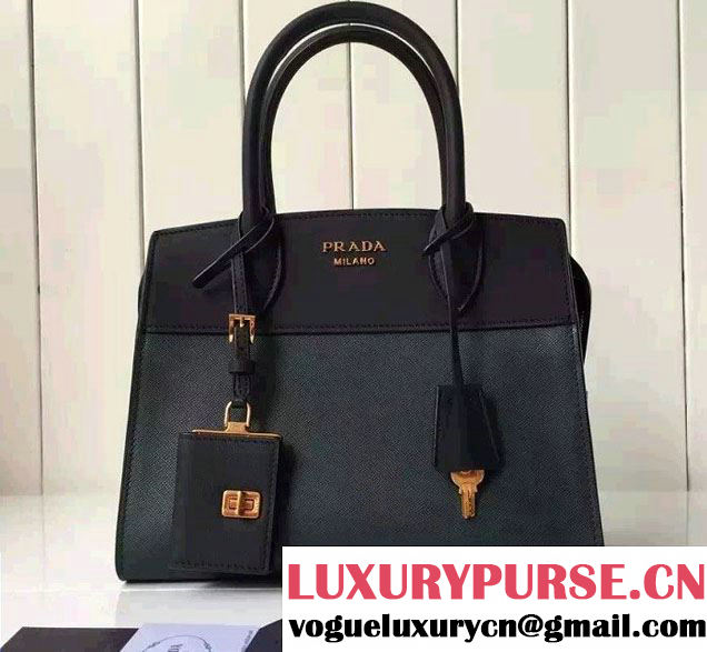 Prada Esplanade Saffiano and Calf Leather Tote Small Bag 1BA045 Green/Black 2016