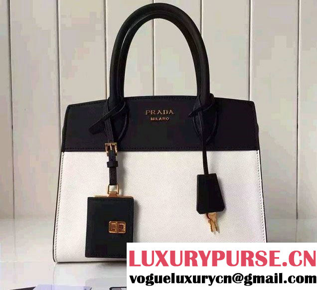 Prada Esplanade Saffiano and Calf Leather Tote Small Bag 1BA045 White/Black 2016