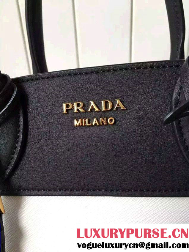 Prada Esplanade Saffiano and Calf Leather Tote Small Bag 1BA045 White/Black 2016