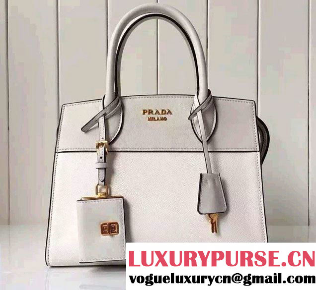 Prada Esplanade Saffiano and Calf Leather Tote Small Bag 1BA045 White 2016