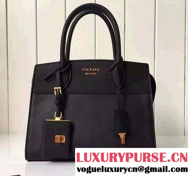 Prada Esplanade Saffiano and Calf Leather Tote Small Bag 1BA045 Black 2016