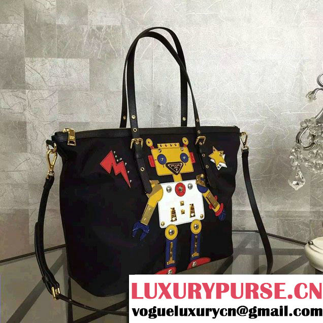 Prada Robot Motif Fabric Tote Bag 1BG253 Black/Yellow 2016