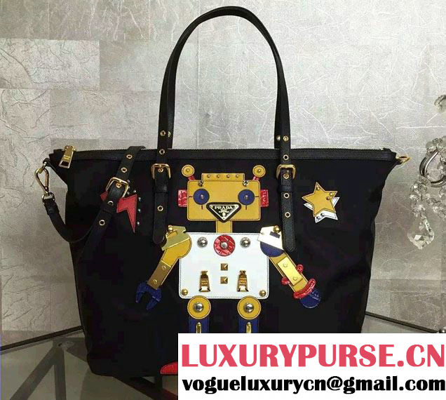 Prada Robot Motif Fabric Tote Bag 1BG253 Black/Yellow 2016