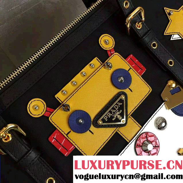 Prada Robot Motif Fabric Tote Bag 1BG253 Black/Yellow 2016