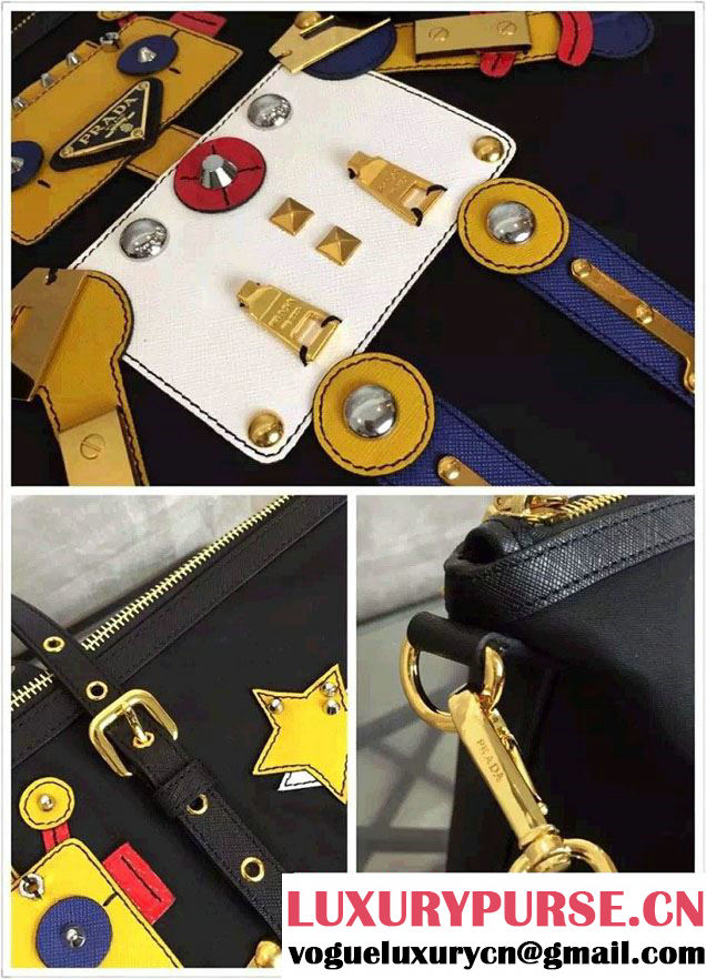 Prada Robot Motif Fabric Tote Bag 1BG253 Black/Yellow 2016