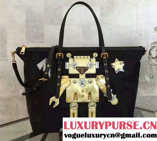 Prada Robot Motif Fabric Tote Bag 1BG253 Black/Gold 2016