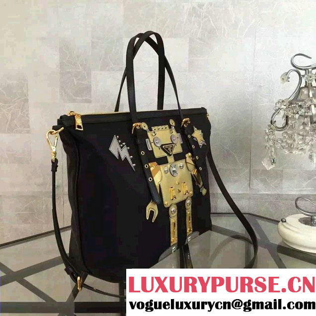 Prada Robot Motif Fabric Tote Bag 1BG253 Black/Gold 2016