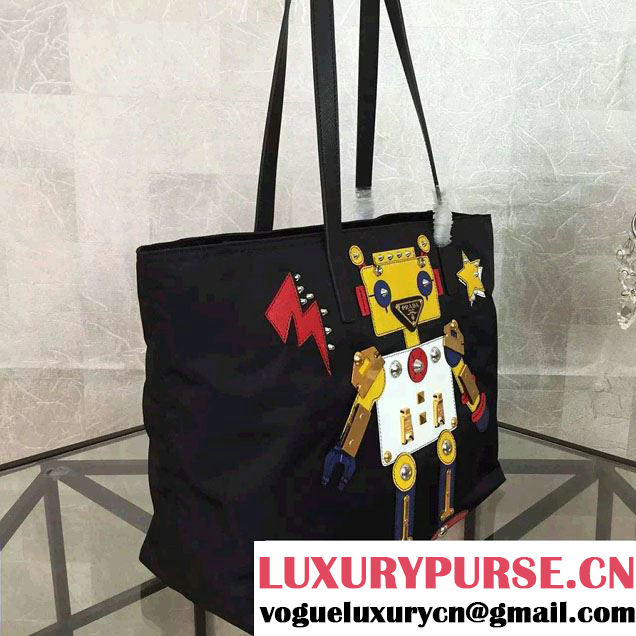 Prada Robot Motif Fabric Tote Bag 1BG052 Black/Yellow 2016