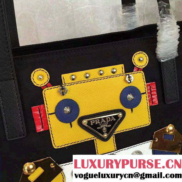 Prada Robot Motif Fabric Tote Bag 1BG052 Black/Yellow 2016