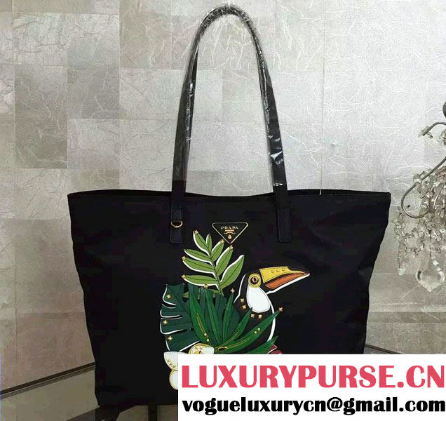 Prada Leaves and Bird Fabric Tote Bag 1BG065 2016