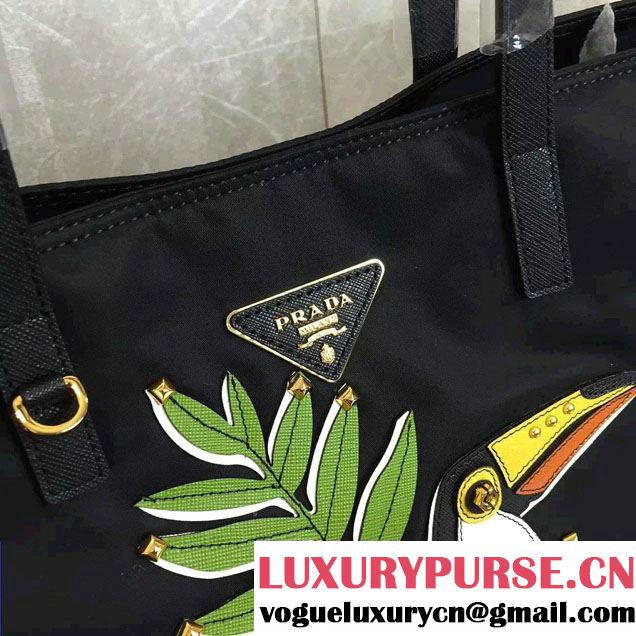 Prada Leaves and Bird Fabric Tote Bag 1BG065 2016