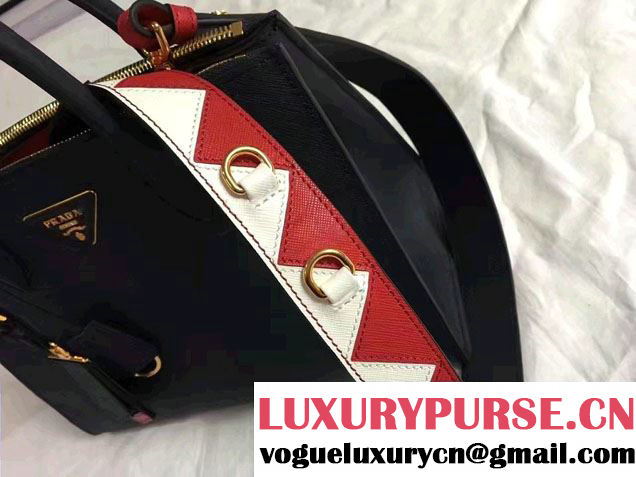 Prada Paradigme Saffiano And Calf Leather Bag 1BA102 Baltic Blue/Red With Embellishments On The Shoulder Strap 2017