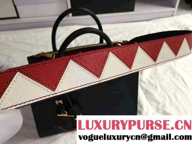 Prada Paradigme Saffiano And Calf Leather Bag 1BA102 Baltic Blue/Red With Embellishments On The Shoulder Strap 2017
