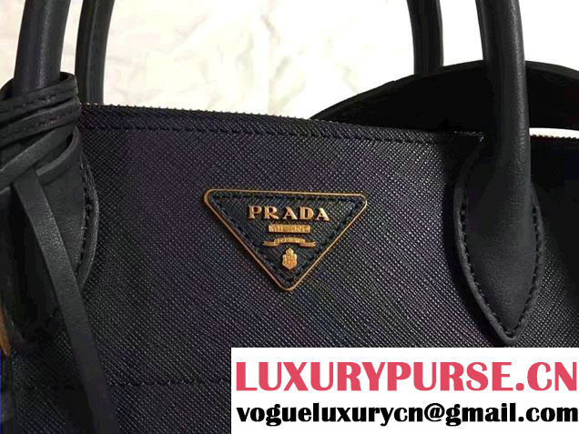 Prada Paradigme Saffiano And Calf Leather Bag 1BA102 Baltic Blue/Red With Embellishments On The Shoulder Strap 2017