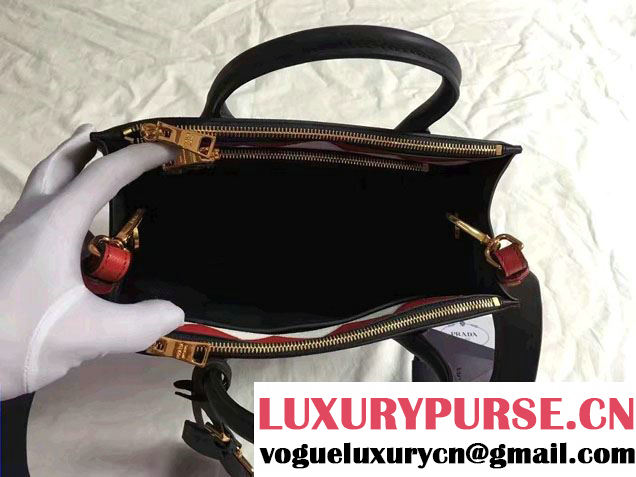 Prada Paradigme Saffiano And Calf Leather Bag 1BA102 Baltic Blue/Red With Embellishments On The Shoulder Strap 2017