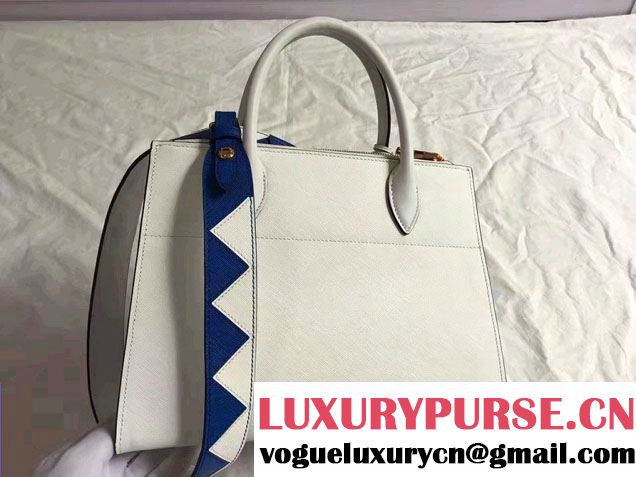 Prada Paradigme Saffiano And Calf Leather Bag 1BA102 White/Sea Blue With Embellishments On The Shoulder Strap 2017
