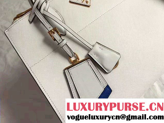 Prada Paradigme Saffiano And Calf Leather Bag 1BA102 White/Sea Blue With Embellishments On The Shoulder Strap 2017