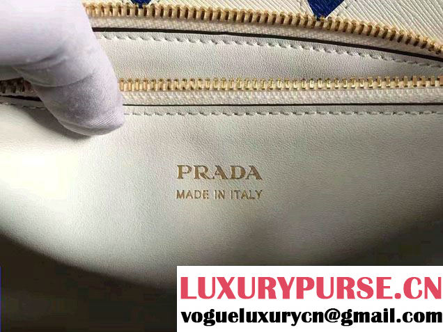 Prada Paradigme Saffiano And Calf Leather Bag 1BA102 White/Sea Blue With Embellishments On The Shoulder Strap 2017