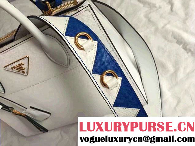 Prada Paradigme Saffiano And Calf Leather Bag 1BA102 White/Sea Blue With Embellishments On The Shoulder Strap 2017