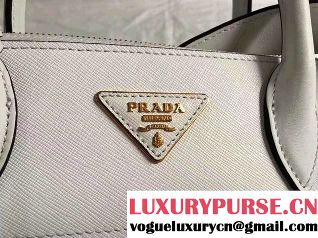 Prada Paradigme Saffiano And Calf Leather Bag 1BA102 White/Sea Blue With Embellishments On The Shoulder Strap 2017