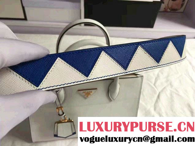 Prada Paradigme Saffiano And Calf Leather Bag 1BA102 White/Sea Blue With Embellishments On The Shoulder Strap 2017