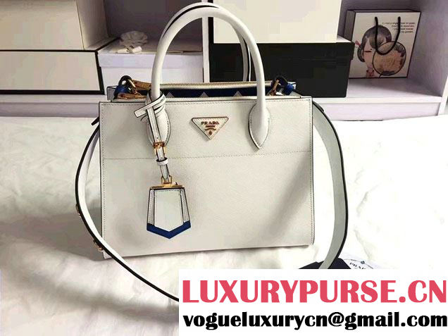 Prada Paradigme Saffiano And Calf Leather Bag 1BA102 White/Sea Blue With Embellishments On The Shoulder Strap 2017