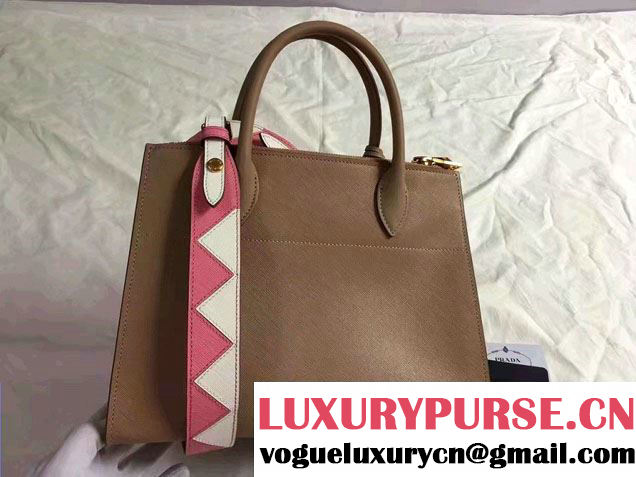 Prada Paradigme Saffiano And Calf Leather Bag 1BA102 Cameo/Begonia With Embellishments On The Shoulder Strap 2017