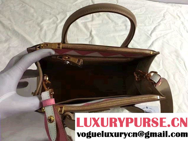 Prada Paradigme Saffiano And Calf Leather Bag 1BA102 Cameo/Begonia With Embellishments On The Shoulder Strap 2017