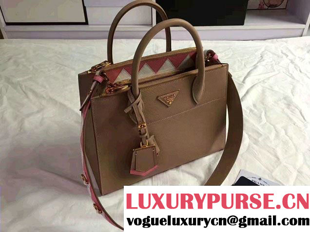 Prada Paradigme Saffiano And Calf Leather Bag 1BA102 Cameo/Begonia With Embellishments On The Shoulder Strap 2017