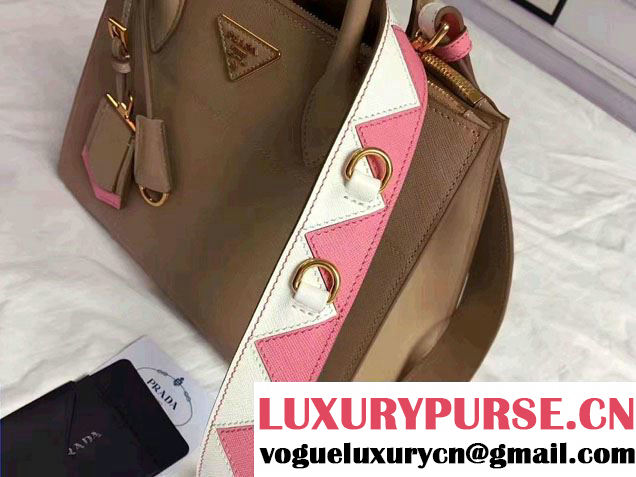 Prada Paradigme Saffiano And Calf Leather Bag 1BA102 Cameo/Begonia With Embellishments On The Shoulder Strap 2017