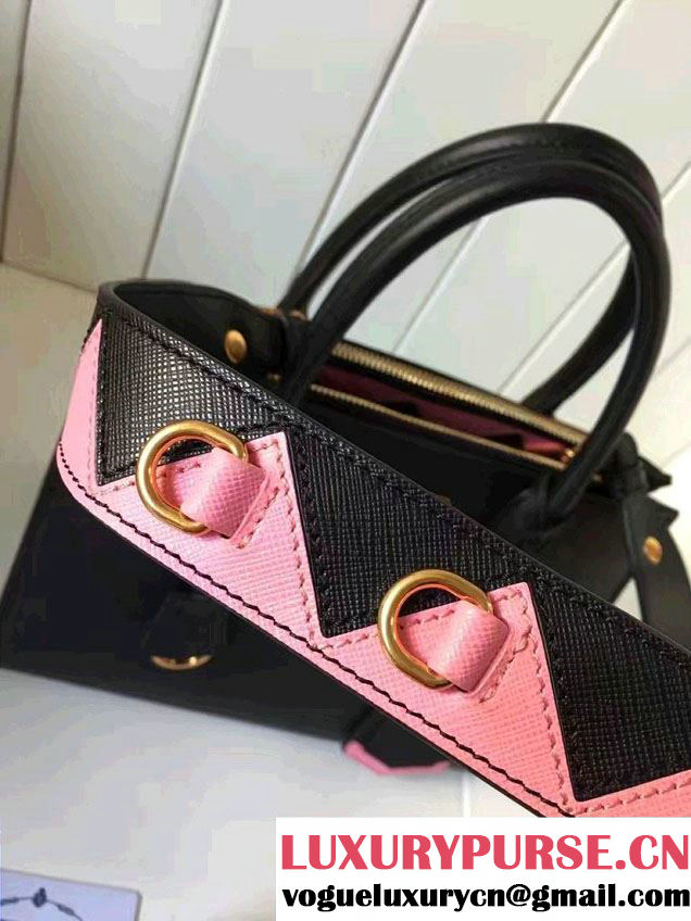 Prada Paradigme Saffiano And Calf Leather Bag 1BA103 Black/Begonia With Embellishments On The Shoulder Strap 2017