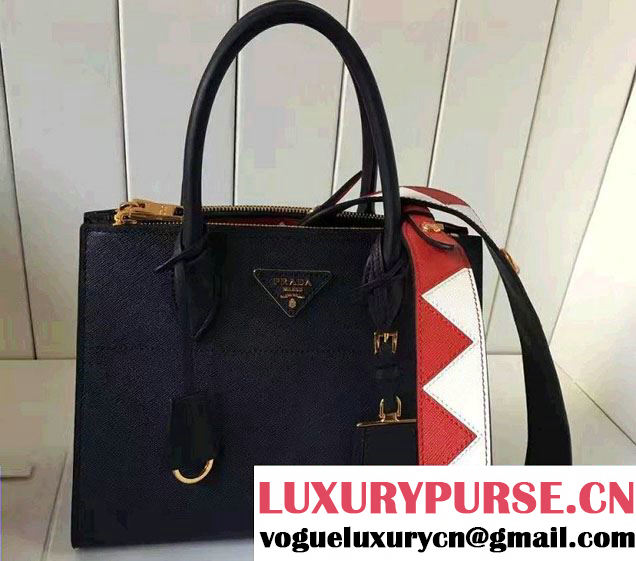 Prada Paradigme Saffiano And Calf Leather Bag 1BA103 Baltic Blue/Red With Embellishments On The Shoulder Strap 2017